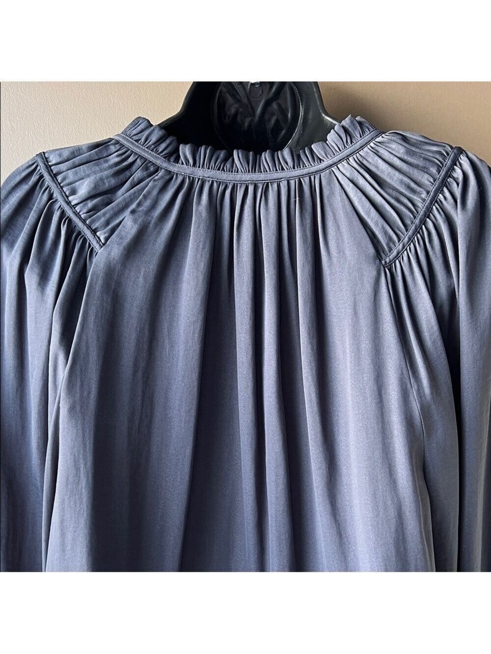 Loft Charcoal Gray Tie Neck Blouse Size L - Picture 7 of 11